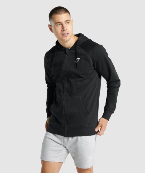 Men's Gymshark Crest Zip Up Hoodie Black | NZ 1KRNAJ